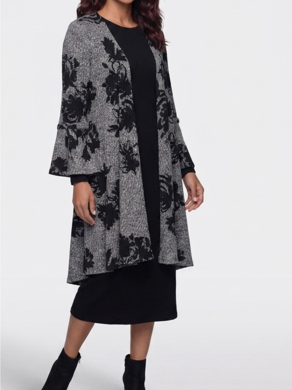Massini Black & Gray Ribbed Open-Front Cardigan
